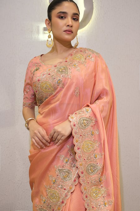 Label Deepshika Agarwal_Peach Tissue Embroidery, Zari Sweetheart Neck Hand Saree With Blouse _at_Aza_Fashions