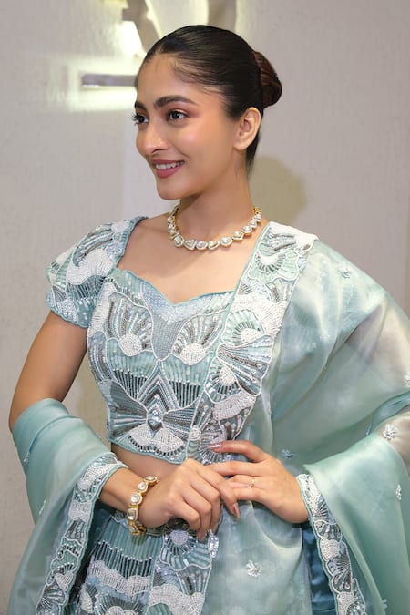 Label Deepshika Agarwal_Blue Organza Embroidery, Sequins, Beads Sweetheart Neck Hand Lehenga Set _Online_at_Aza_Fashions
