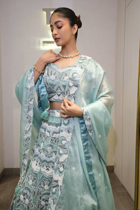 Buy_Label Deepshika Agarwal_Blue Organza Embroidery, Sequins, Beads Sweetheart Neck Hand Lehenga Set _Online_at_Aza_Fashions