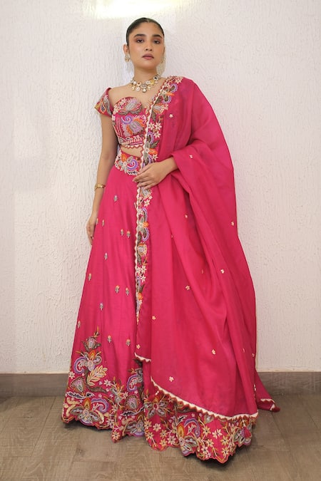 Buy_Label Deepshika Agarwal_Pink Silk, Bemberg Embroidery, Tassels Sweetheart Neck Hand Lehenga Set _Online_at_Aza_Fashions
