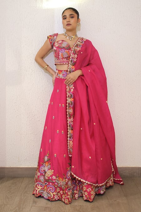 Shop_Label Deepshika Agarwal_Pink Silk, Bemberg Embroidery, Tassels Sweetheart Neck Hand Lehenga Set _Online_at_Aza_Fashions