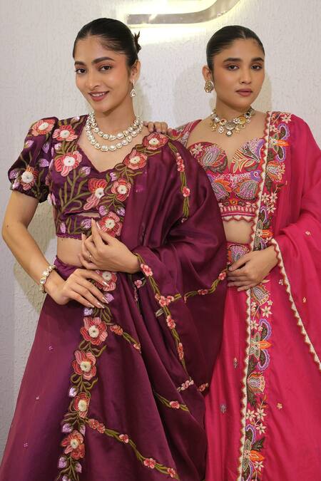 Label Deepshika Agarwal_Pink Silk, Bemberg Embroidery, Tassels Sweetheart Neck Hand Lehenga Set _at_Aza_Fashions