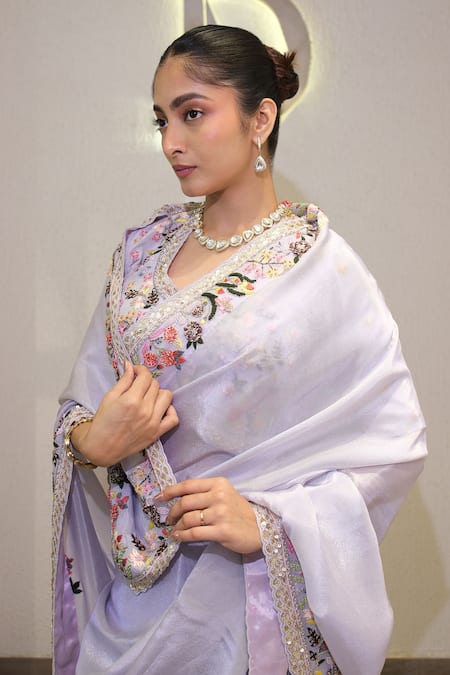 Label Deepshika Agarwal_Purple Tissue Embroidery, Sequins Round Neck Hand Saree With Blouse _Online_at_Aza_Fashions