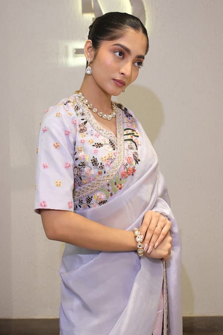 Shop_Label Deepshika Agarwal_Purple Tissue Embroidery, Sequins Round Neck Hand Saree With Blouse _Online_at_Aza_Fashions
