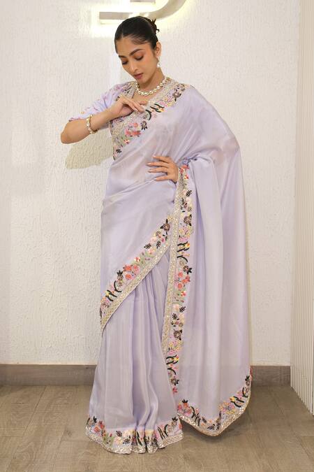 Label Deepshika Agarwal_Purple Tissue Embroidery, Sequins Round Neck Hand Saree With Blouse _at_Aza_Fashions