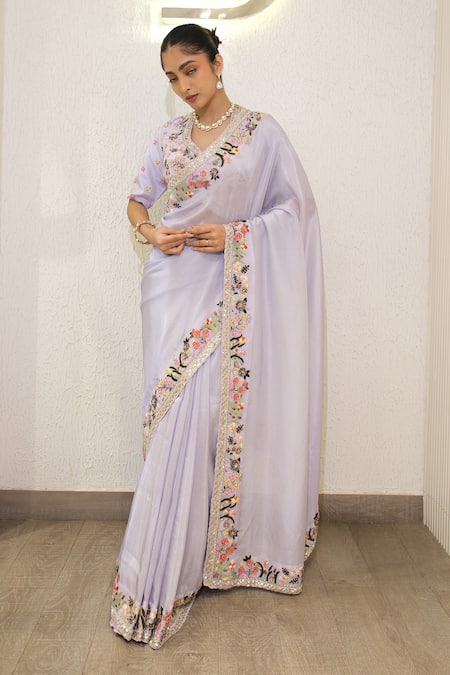 Buy_Label Deepshika Agarwal_Purple Tissue Embroidery, Sequins Round Neck Hand Saree With Blouse 