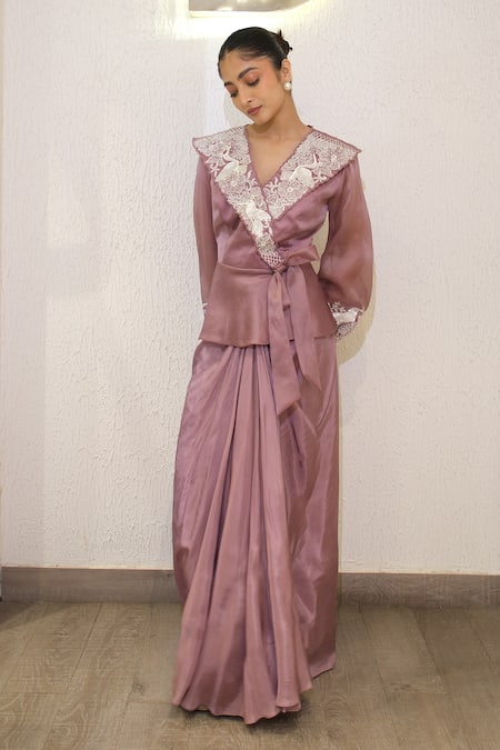 Label Deepshika Agarwal_Purple Organza, Satin Sequins, Embroidery V-neck, Hand Jacket And Dhoti Skirt Set _Online_at_Aza_Fashions