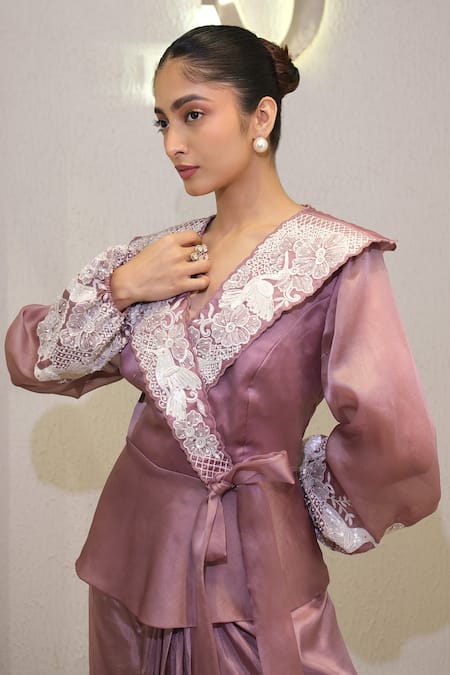 Buy_Label Deepshika Agarwal_Purple Organza, Satin Sequins, Embroidery V-neck, Hand Jacket And Dhoti Skirt Set _Online_at_Aza_Fashions