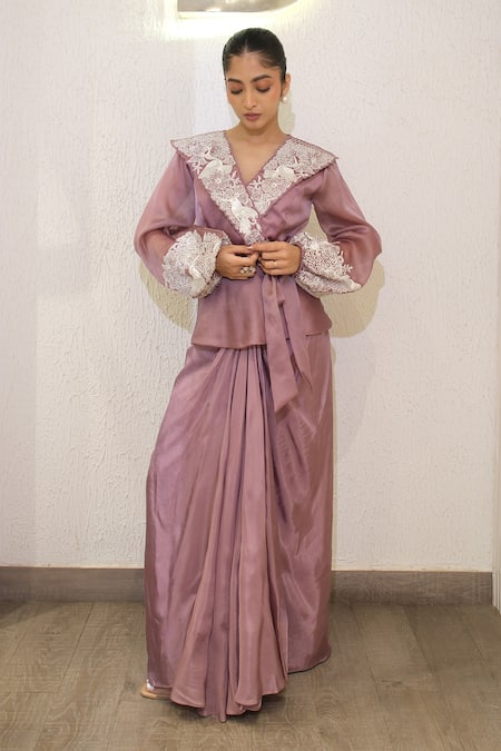 Shop_Label Deepshika Agarwal_Purple Organza, Satin Sequins, Embroidery V-neck, Hand Jacket And Dhoti Skirt Set _Online_at_Aza_Fashions
