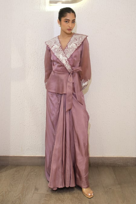 Label Deepshika Agarwal_Purple Organza, Satin Sequins, Embroidery V-neck, Hand Jacket And Dhoti Skirt Set _at_Aza_Fashions
