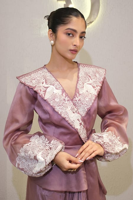 Shop_Label Deepshika Agarwal_Purple Organza, Satin Sequins, Embroidery V-neck, Hand Jacket And Dhoti Skirt Set 