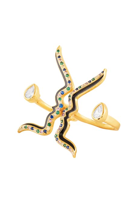 Isharya_Multi Color Crystals, Stones Anoma Two Finger Ring _Online_at_Aza_Fashions