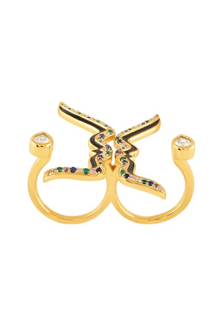 Buy_Isharya_Multi Color Crystals, Stones Anoma Two Finger Ring _Online_at_Aza_Fashions