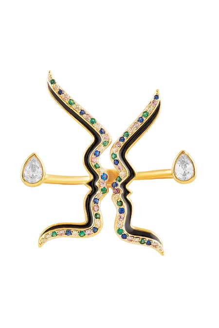 Shop_Isharya_Multi Color Crystals, Stones Anoma Two Finger Ring _Online_at_Aza_Fashions