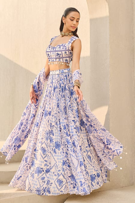 Diyarajvvir_Ivory Georgette Embroidery, Sequins Sweetheart Abstract Floral Print Lehenga Set _Online_at_Aza_Fashions
