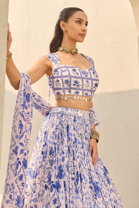 Buy_Diyarajvvir_Ivory Georgette Embroidery, Sequins Sweetheart Abstract Floral Print Lehenga Set _Online_at_Aza_Fashions