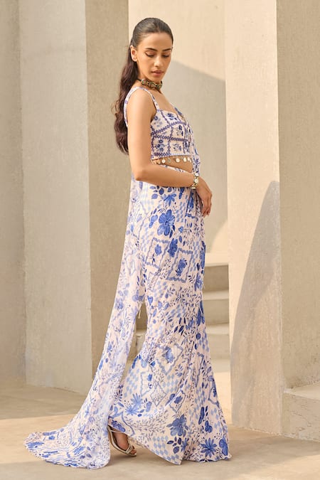 Diyarajvvir_Ivory Georgette Embroidery, Abstract Floral Print Pre-draped Saree With Blouse _Online_at_Aza_Fashions