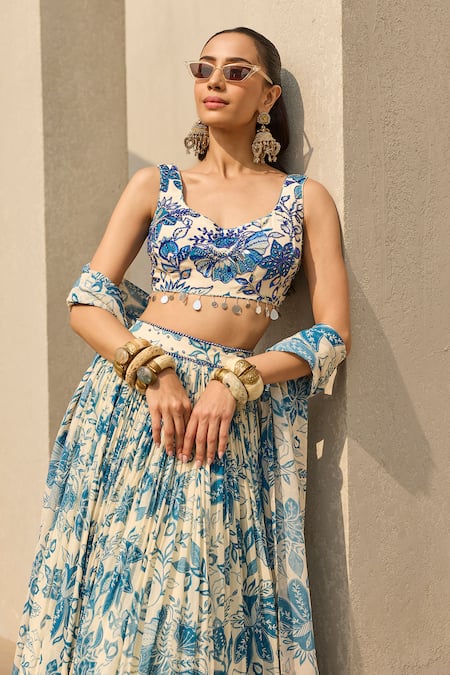 Diyarajvvir_Ivory Georgette, Crepe Embroidery, Tassels Abstract Floral Print Lehenga Set _Online_at_Aza_Fashions
