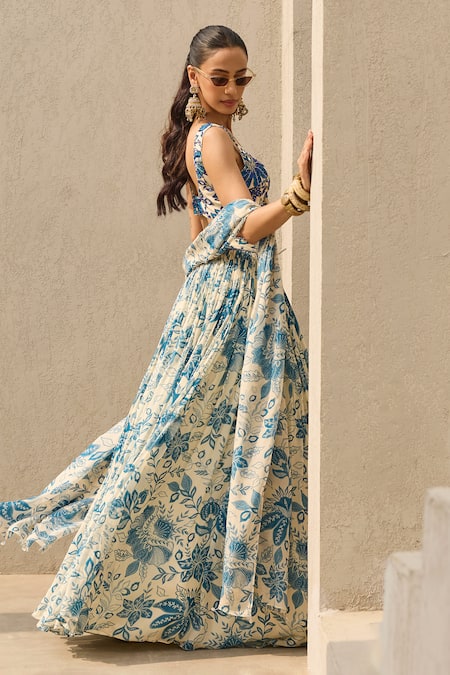 Buy_Diyarajvvir_Ivory Georgette, Crepe Embroidery, Tassels Abstract Floral Print Lehenga Set _Online_at_Aza_Fashions