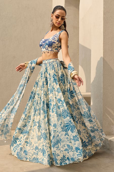 Shop_Diyarajvvir_Ivory Georgette, Crepe Embroidery, Tassels Abstract Floral Print Lehenga Set _Online_at_Aza_Fashions