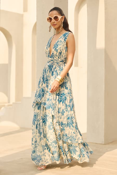 Diyarajvvir_Ivory Georgette Sequins V-neck Floral Print Ruched Layered Dress _Online_at_Aza_Fashions