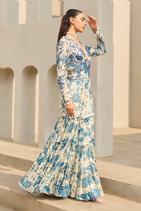 Diyarajvvir_Ivory Georgette V-neck Floral Print Jumpsuit With Belt _Online_at_Aza_Fashions