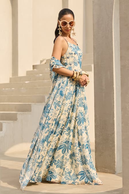 Buy_Diyarajvvir_Ivory Georgette Square Neck Floral Print Anarkali With Dupatta _Online_at_Aza_Fashions