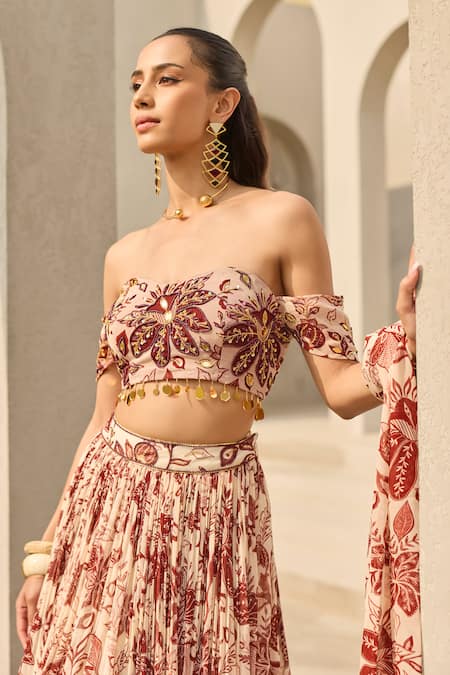 Diyarajvvir_Ivory Georgette Embroidery, Sequins Off-shoulder Floral Print Lehenga Set _Online_at_Aza_Fashions