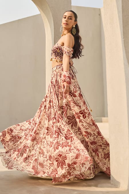 Buy_Diyarajvvir_Ivory Georgette Embroidery, Sequins Off-shoulder Floral Print Lehenga Set _Online_at_Aza_Fashions