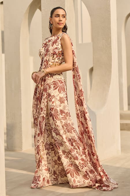 Buy_Diyarajvvir_Ivory Georgette, Crepe Tassels Round Floral Print Pre-draped Saree With Blouse _Online_at_Aza_Fashions