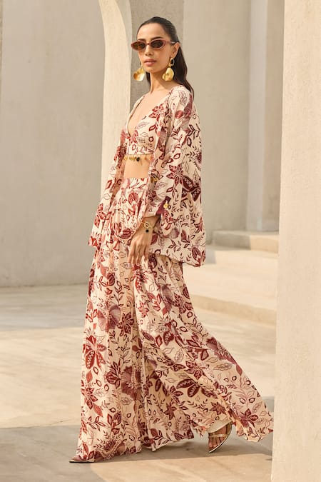 Diyarajvvir_Ivory Crepe Sequins Open , Sweetheart Floral Print Jacket Palazzo Set _Online_at_Aza_Fashions