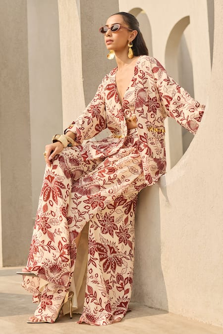 Shop_Diyarajvvir_Ivory Crepe Sequins Open , Sweetheart Floral Print Jacket Palazzo Set _Online_at_Aza_Fashions