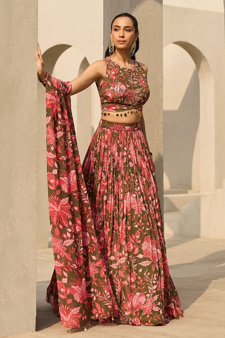 Diyarajvvir Sage Green Floral Print Lehenga Set 