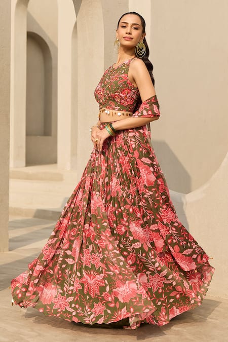 Diyarajvvir_Green Georgette, Crepe Embroidery, Sequins Round Sage Floral Print Lehenga Set _Online_at_Aza_Fashions