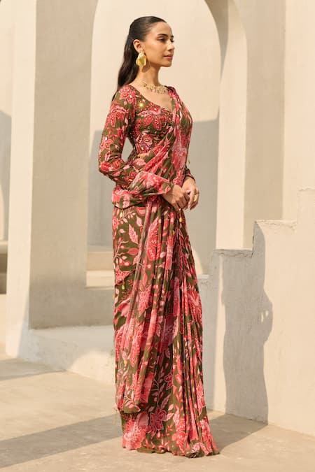 Diyarajvvir_Green Georgette Embroidery, Beads, Floral Print Pre-draped Saree With Blouse _Online_at_Aza_Fashions