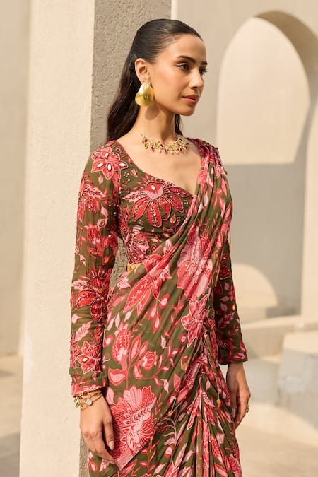 Shop_Diyarajvvir_Green Georgette Embroidery, Beads, Floral Print Pre-draped Saree With Blouse _Online_at_Aza_Fashions
