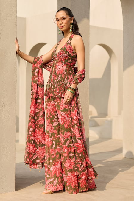 Shop_Diyarajvvir_Green Georgette Embroidery Halter Neck, Floral Print Peplum Top Sharara Set _Online_at_Aza_Fashions
