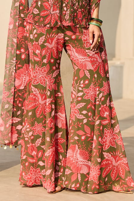 Diyarajvvir_Green Georgette Embroidery Halter Neck, Floral Print Peplum Top Sharara Set _at_Aza_Fashions