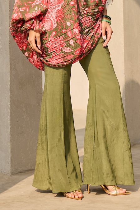 Diyarajvvir_Green Crepe Asymmetric, One Shoulder, Floral Print Top And Bell Bottom Pant Set _Online_at_Aza_Fashions