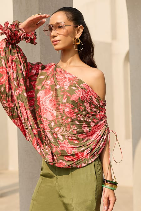 Shop_Diyarajvvir_Green Crepe Asymmetric, One Shoulder, Floral Print Top And Bell Bottom Pant Set _Online_at_Aza_Fashions