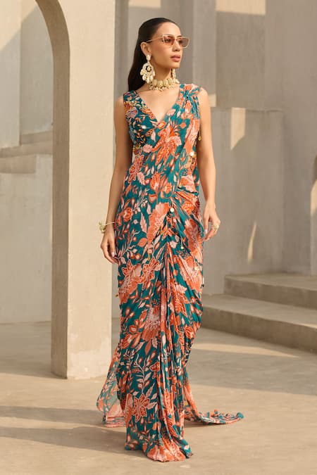Diyarajvvir Floral Print Pre-Draped Saree With Blouse 