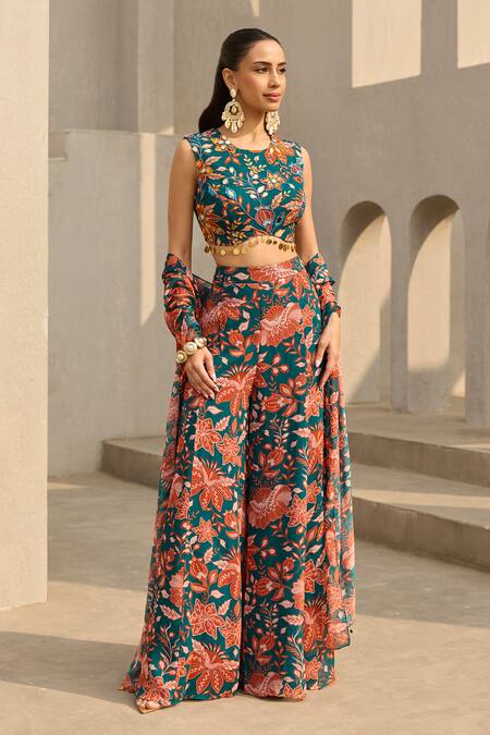 Diyarajvvir_Blue Georgette Sequins, Beads, Mirrors One Shoulder Floral Print Jumpsuit _Online_at_Aza_Fashions