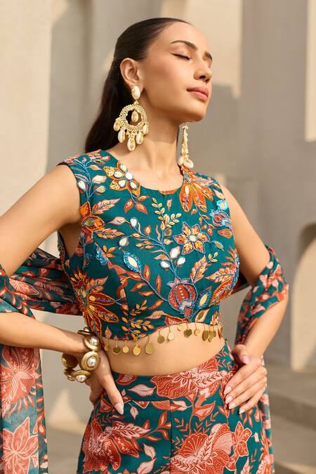 Diyarajvvir_Blue Georgette Sequins, Beads, Mirrors One Shoulder Floral Print Jumpsuit _at_Aza_Fashions
