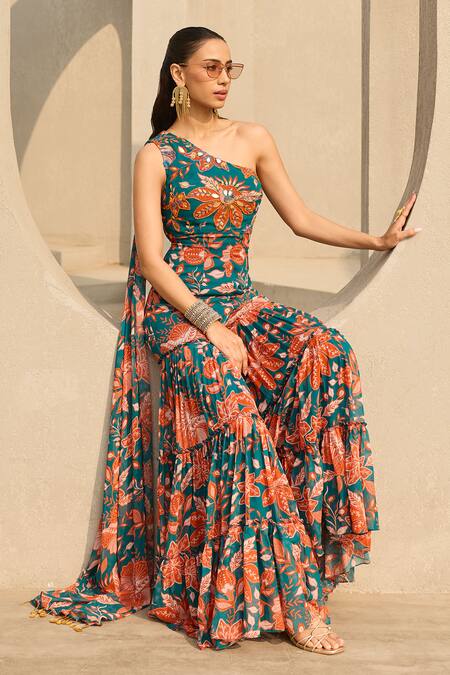 Buy_Diyarajvvir_Blue Georgette Sequins, Beads, Mirrors One Shoulder Floral Print Jumpsuit 