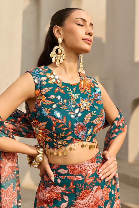 Shop Diyarajvvir Orange Georgette Embroidery, Sequins, Mirrors, Floral Print Blouse Sharara Set Online at Aza Fashions Shop_Diyarajvvir_Orange Georgette Embroidery, Sequins, Mirrors, Floral Print Blouse Sharara Set _Online_at_Aza_Fashions