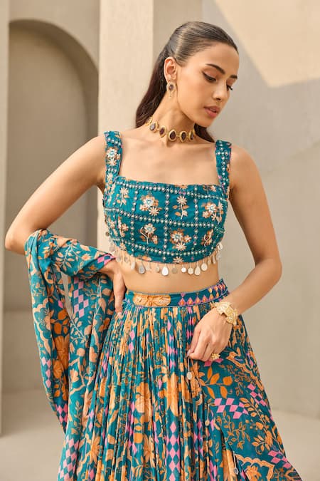 Diyarajvvir_Blue Georgette Embroidery, Sequins, Beads Abstract Floral Print Lehenga Set _Online_at_Aza_Fashions