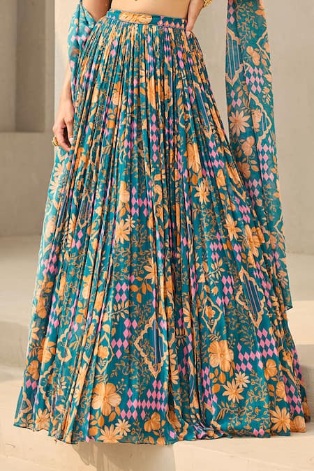 Shop_Diyarajvvir_Blue Georgette Embroidery, Sequins, Beads Abstract Floral Print Lehenga Set _Online_at_Aza_Fashions
