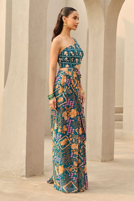 Diyarajvvir Teal Abstract Floral Print Saree Gown 