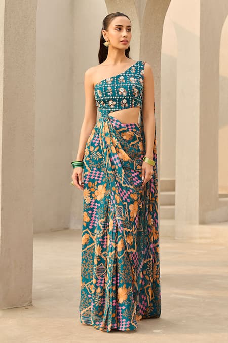 Diyarajvvir Teal Abstract Floral Print Saree Gown 