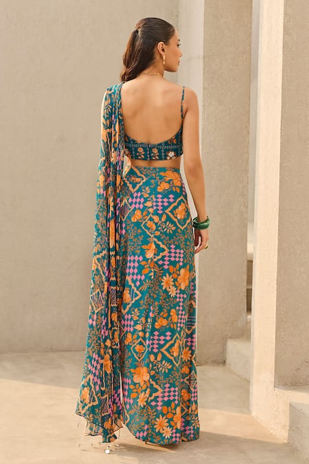 Diyarajvvir Abstract Floral Print Crop Top & Draped Skirt Set 